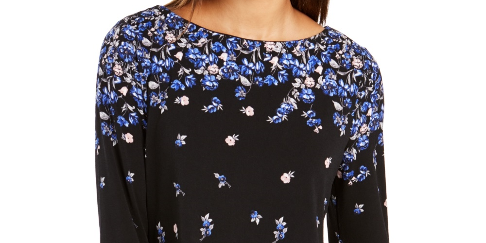 Blusa feminina com estampa floral e manga sino Charter Club, azul, tamanho pequeno