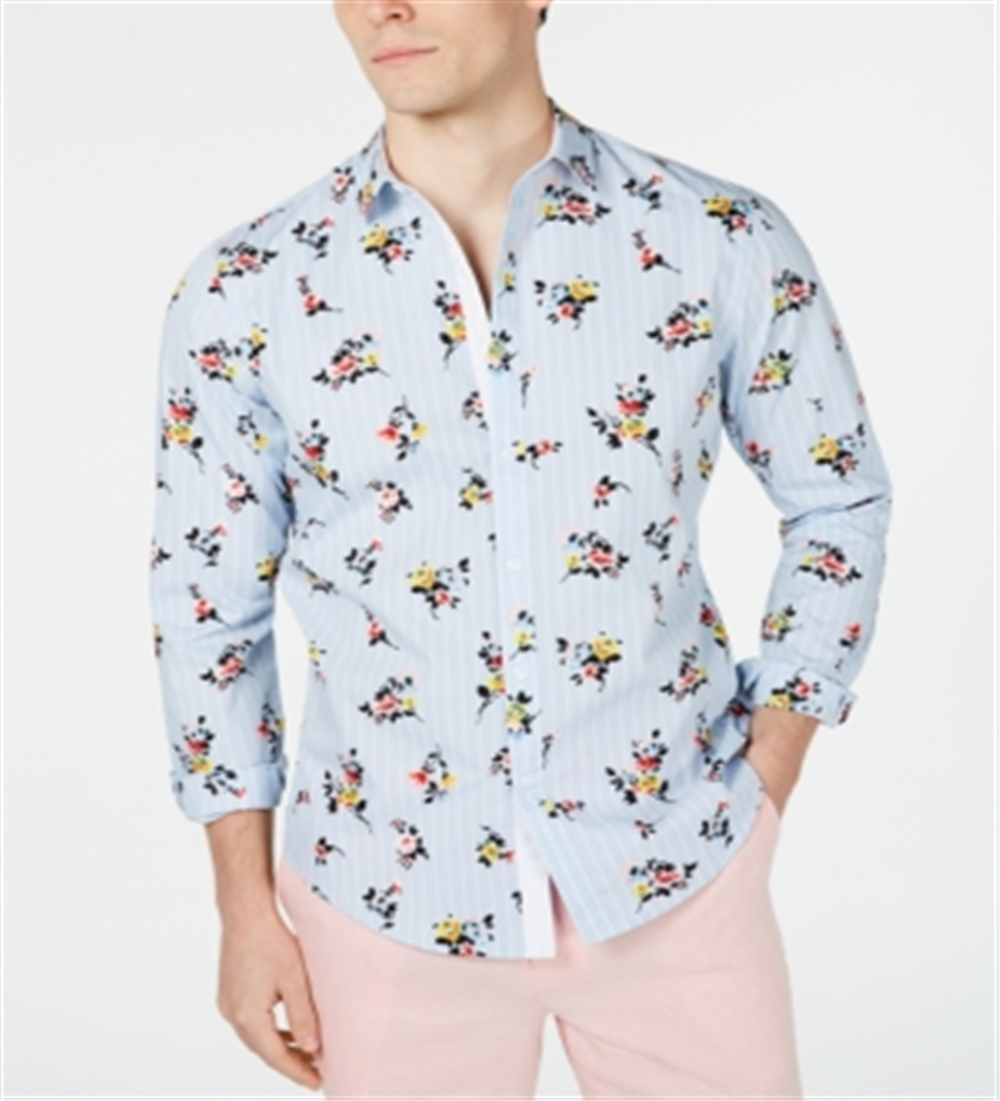 Camisa masculina listrada floral com botões da INC International Concepts, azul, tamanho XXX-G