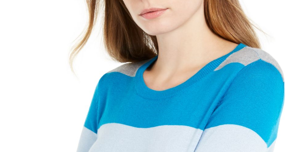 Camiseta feminina Maison Jules com estampa de blocos de cores e gola redonda, azul, tamanho extragrande