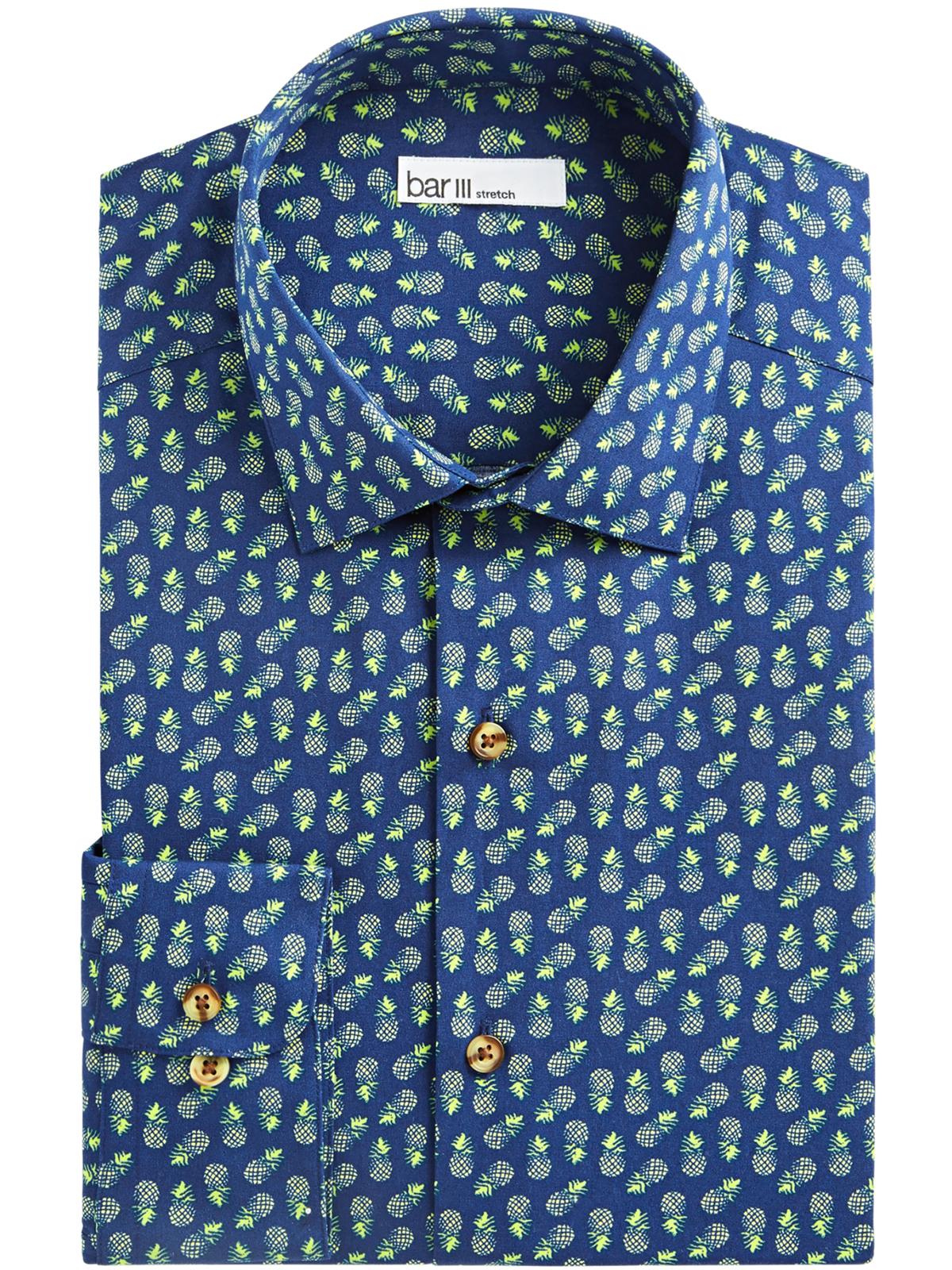Camisa masculina Bar III Maxs Tossed Pineapple Slim Fit com botões e estampa azul-marinho/amarelo, tamanho P