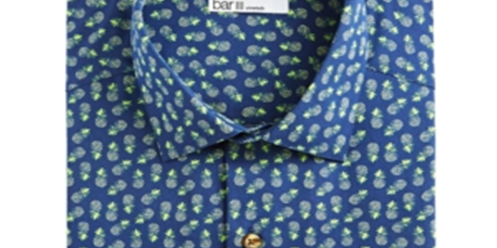 Camisa masculina Bar III Maxs Tossed Pineapple Slim Fit com botões e estampa azul-marinho/amarelo, tamanho P