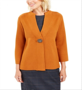 Cardigan feminino JM Collection com broche para festa de fim de ano, tamanho pequeno, amêndoa