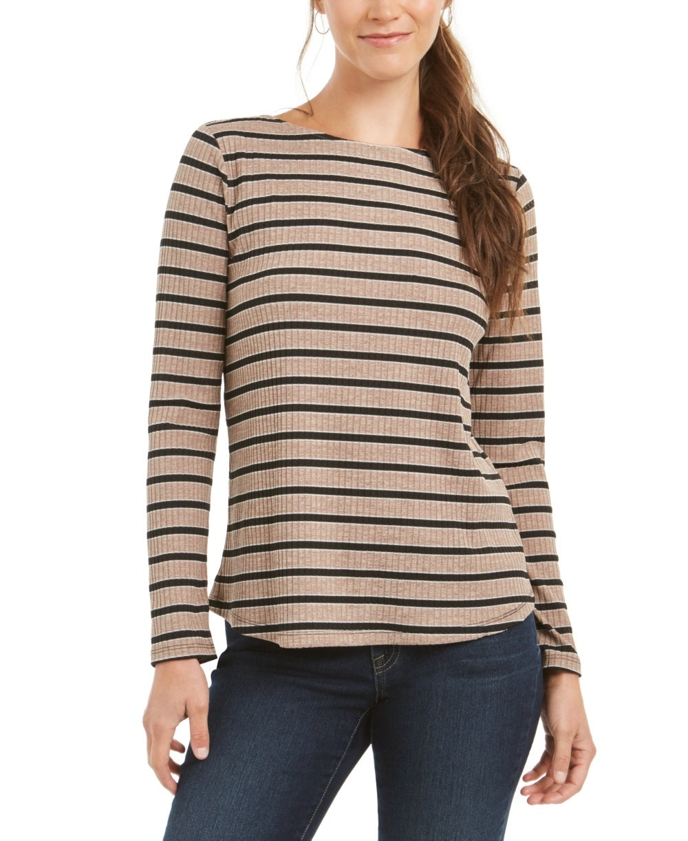 Charter Club Blusa feminina de manga comprida mesclada bege tamanho X-S