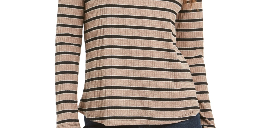 Charter Club Blusa feminina de manga comprida mesclada bege tamanho X-S