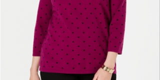 Karen Scott Suéter feminino estampado com manga 3/4, tamanho pequeno, outono, Berry