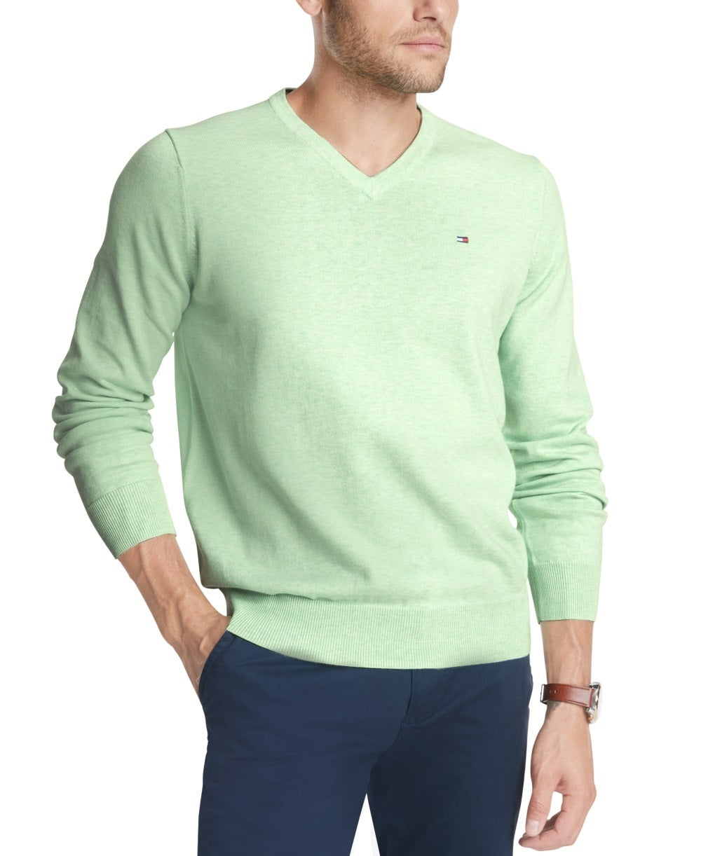 Suéter Tommy Hilfiger Signature Masculino Regular Fit com Decote em V, Verde, Tamanho XXG