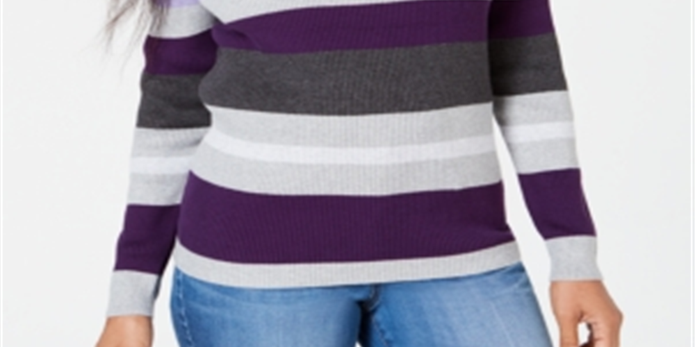 Karen Scott Suéter Feminino Listrado de Algodão com Canelado Roxo Tamanho Pequeno Grande