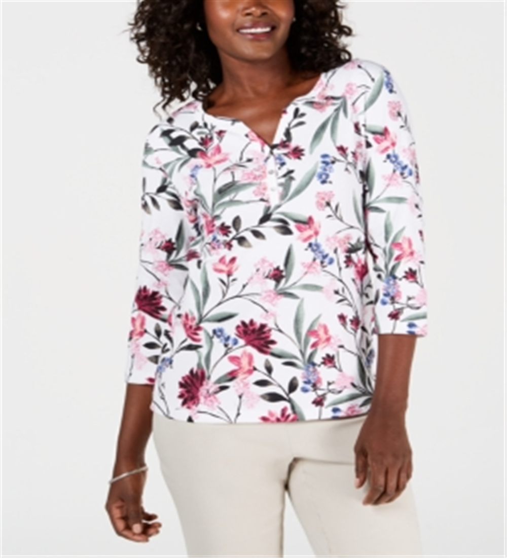 Karen Scott Top Henley Estampado Feminino Branco Floral Tamanho Pequeno P