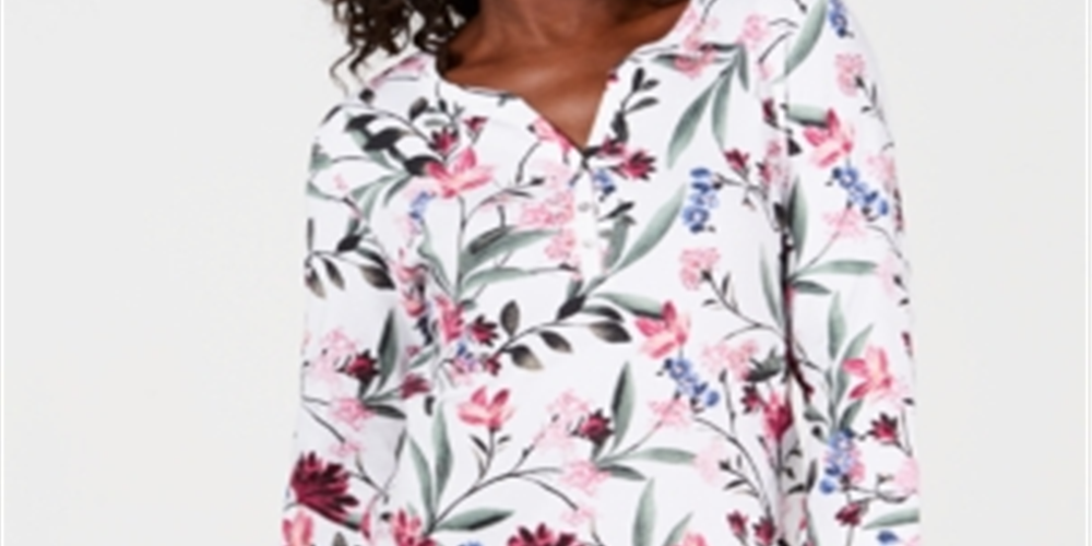 Karen Scott Top Henley Estampado Feminino Branco Floral Tamanho Pequeno P