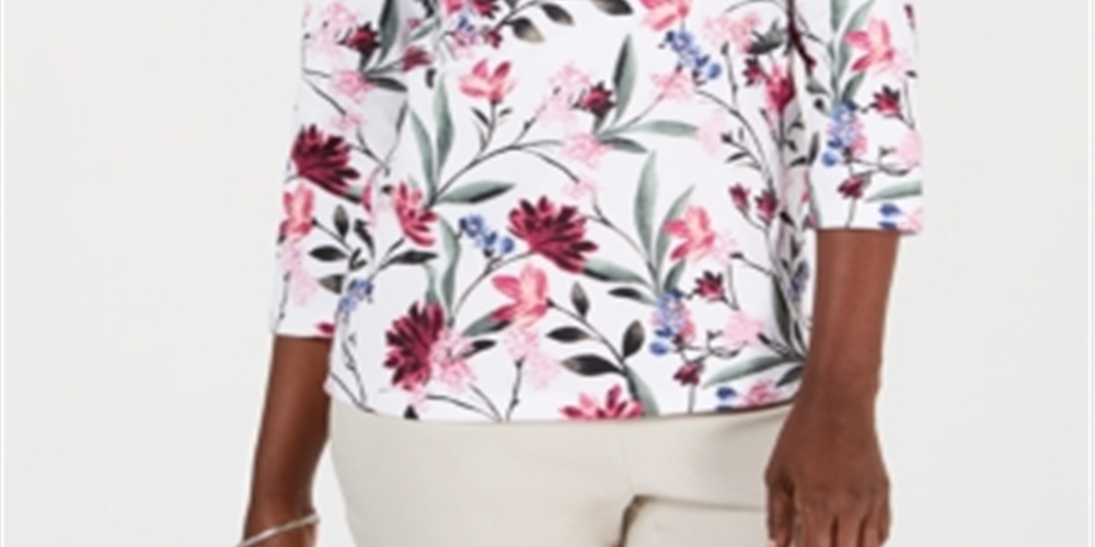 Karen Scott Top Henley Estampado Feminino Branco Floral Tamanho Pequeno P