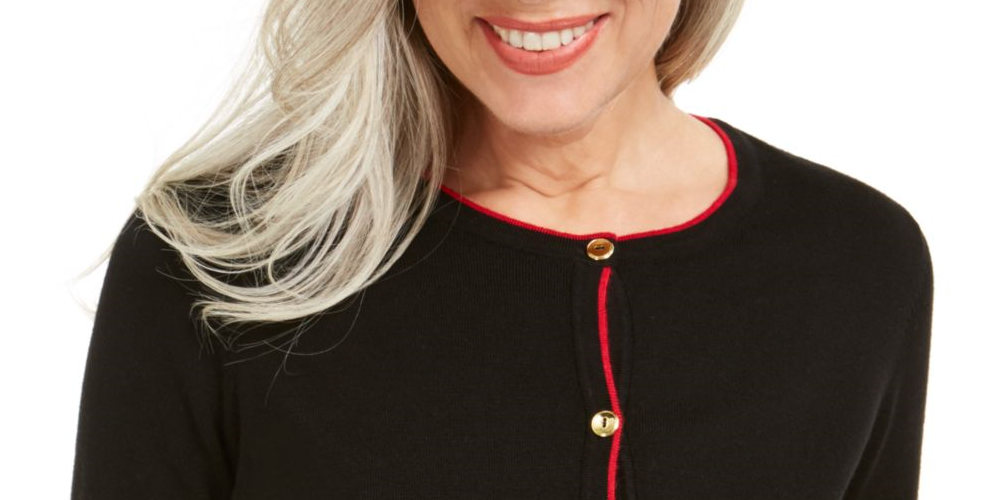 Karen Scott Suéter Feminino Listrado Preto Manga Longa Botão Up Preto Tamanho Médio