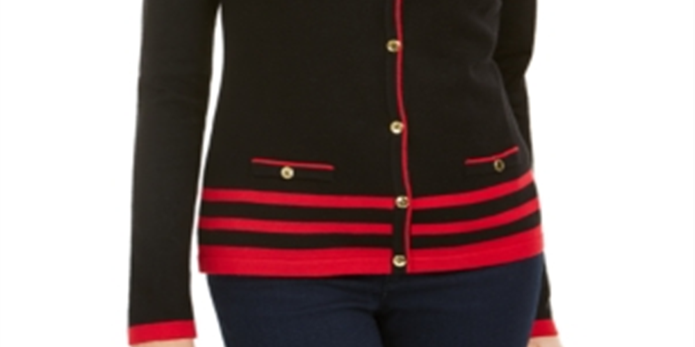 Karen Scott Suéter Feminino Listrado Preto Manga Longa Botão Up Preto Tamanho Médio