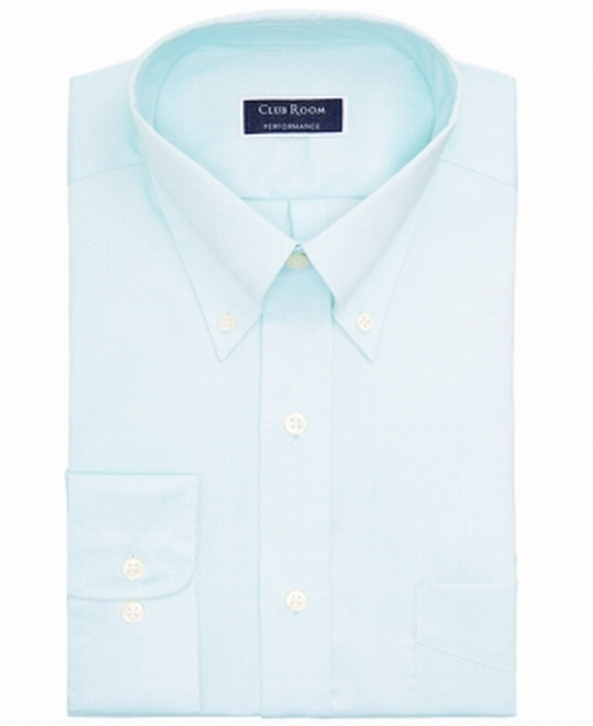 Camisa social masculina Club Room Classic/Regular Fit Stretch, resistente a rugas, lisa, Pinpoint, verde, tamanho 18/36-37