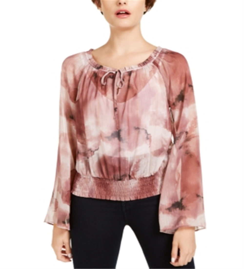 INC International Concepts Top feminino com estampa metálica e franzido estilo camponês, rosa, tamanho X-S