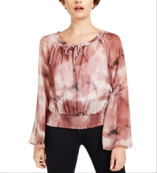 INC International Concepts Top feminino com estampa metálica e franzido estilo camponês, rosa, tamanho X-S