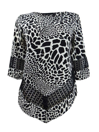 Blusa feminina Alfani com acabamento em crochê estampado, branca e preta, tamanho pequeno G