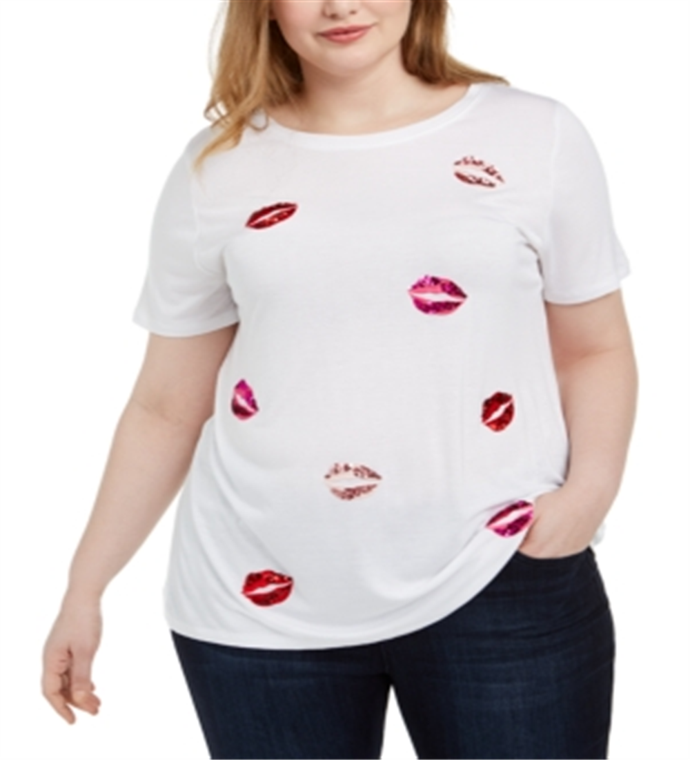 INC International Concepts Top Feminino Plus Sequin Lips Branco Tamanho 0X