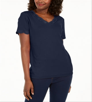 Camiseta feminina Karen Scott de algodão com decote em V e estampa recortada, azul, tamanho pequeno