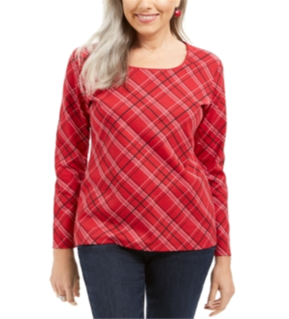 Karen Scott Top feminino xadrez Holly com detalhes em vermelho, tamanho pequeno