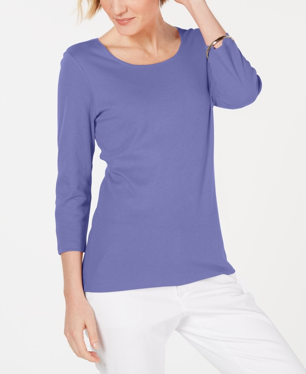 Karen Scott Top feminino de algodão com decote redondo, tamanho P, roxo
