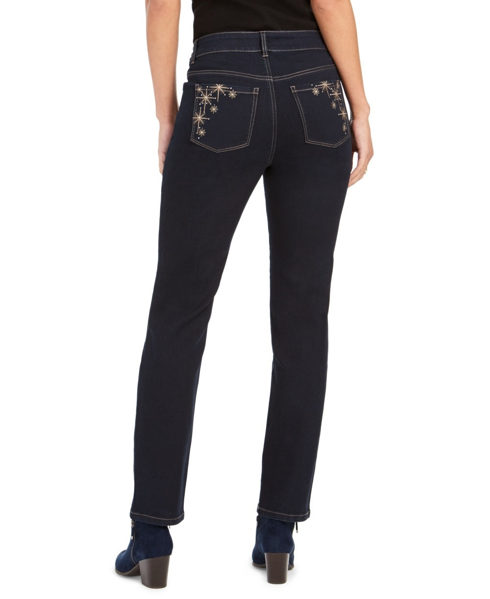 Calça jeans feminina estilo &amp; co, perna reta, bolso brilhante, azul escuro, tamanho 10