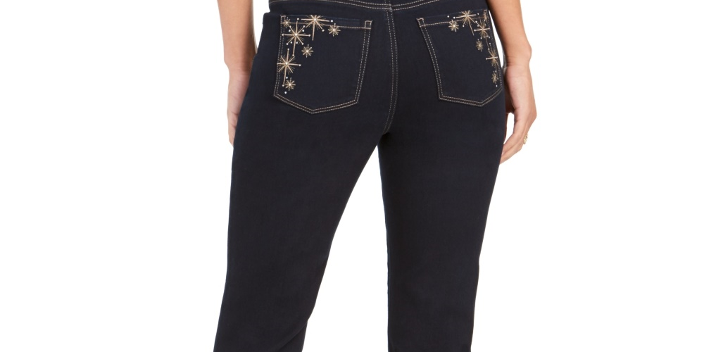 Calça jeans feminina estilo &amp; co, perna reta, bolso brilhante, azul escuro, tamanho 10