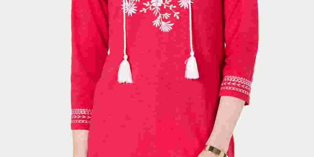 Túnica feminina de algodão bordado Charter Club, rosa escuro, tamanho médio