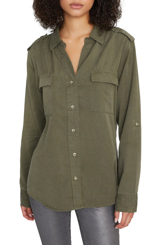 Camisa Sanctuary Feminina Conroy Surplus, elegante e limpa, com botões e bolsos no peito, verde, tamanho XL