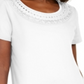 Camiseta feminina Karen Scott com acabamento em crochê e algodão, tamanho grande, branca