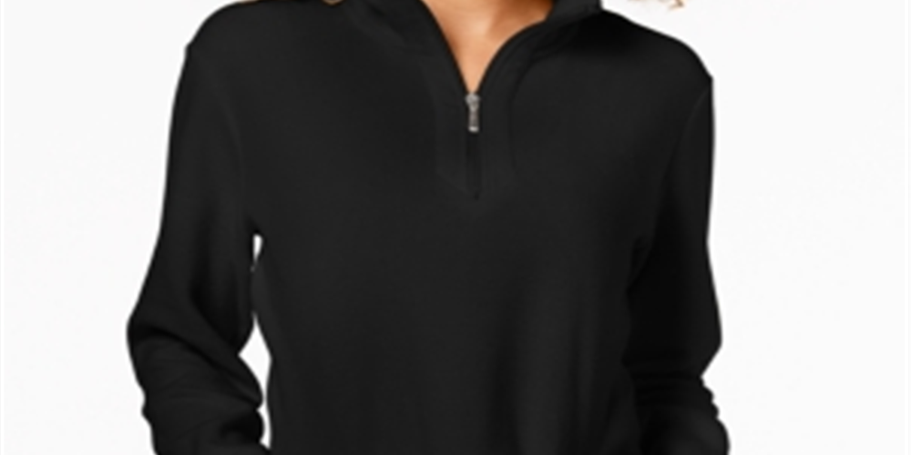 Karen Scott Blusa feminina com zíper e gola alta, preta, tamanho pequeno G