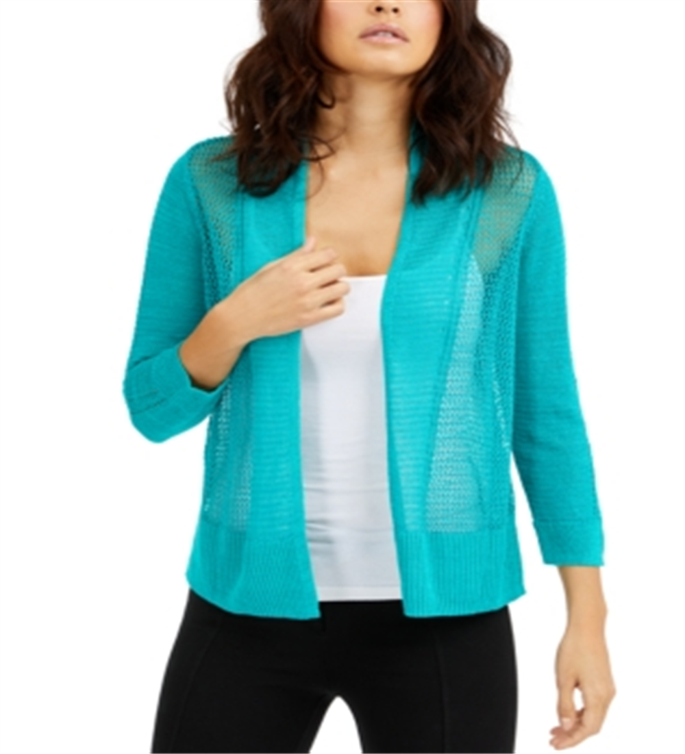 Cardigan Alfani Feminino de Linho Misto com Frente Aberta e Pontos Mistos, Azul, Tamanho Médio