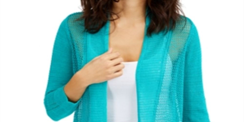 Cardigan Alfani Feminino de Linho Misto com Frente Aberta e Pontos Mistos, Azul, Tamanho Médio