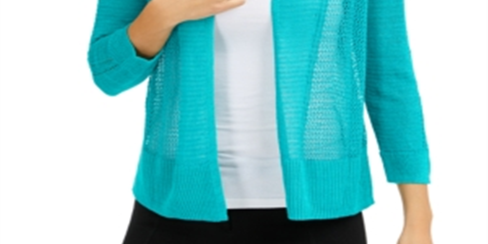 Cardigan Alfani Feminino de Linho Misto com Frente Aberta e Pontos Mistos, Azul, Tamanho Médio