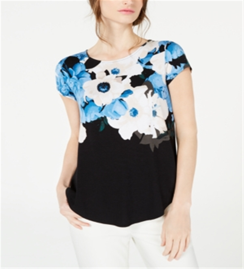Camiseta feminina Alfani estampada com bainha redonda, azul, tamanho pequeno médio