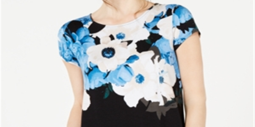 Camiseta feminina Alfani estampada com bainha redonda, azul, tamanho pequeno médio
