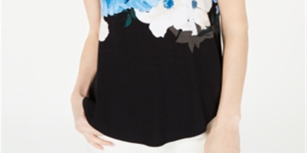 Camiseta feminina Alfani estampada com bainha redonda, azul, tamanho pequeno médio