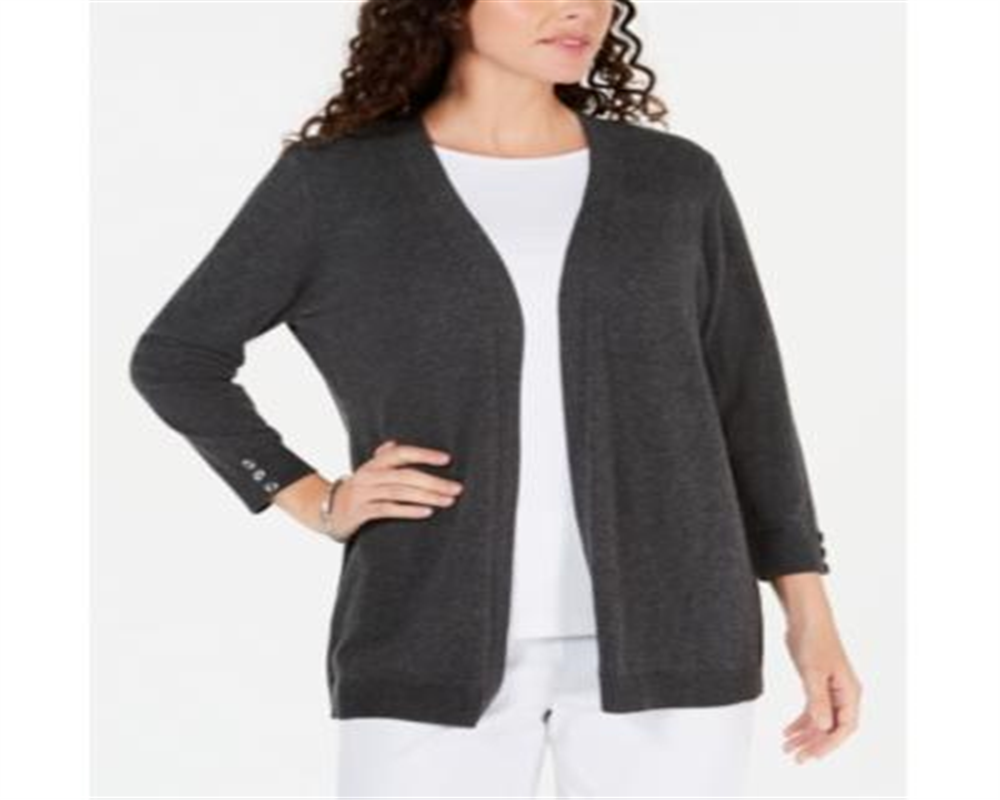 Karen Scott Cardigan Feminino Aberto Frente Botões Punho Cinza Tamanho Médio