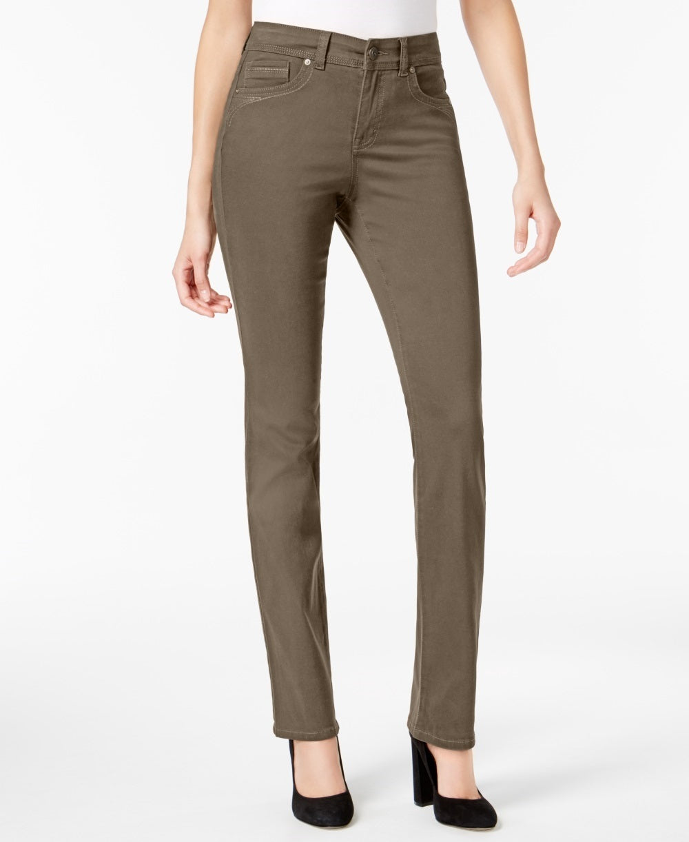 Calça jeans feminina estilo &amp; co com controle de barriga, perna reta e cintura alta, verde, tamanho 2S