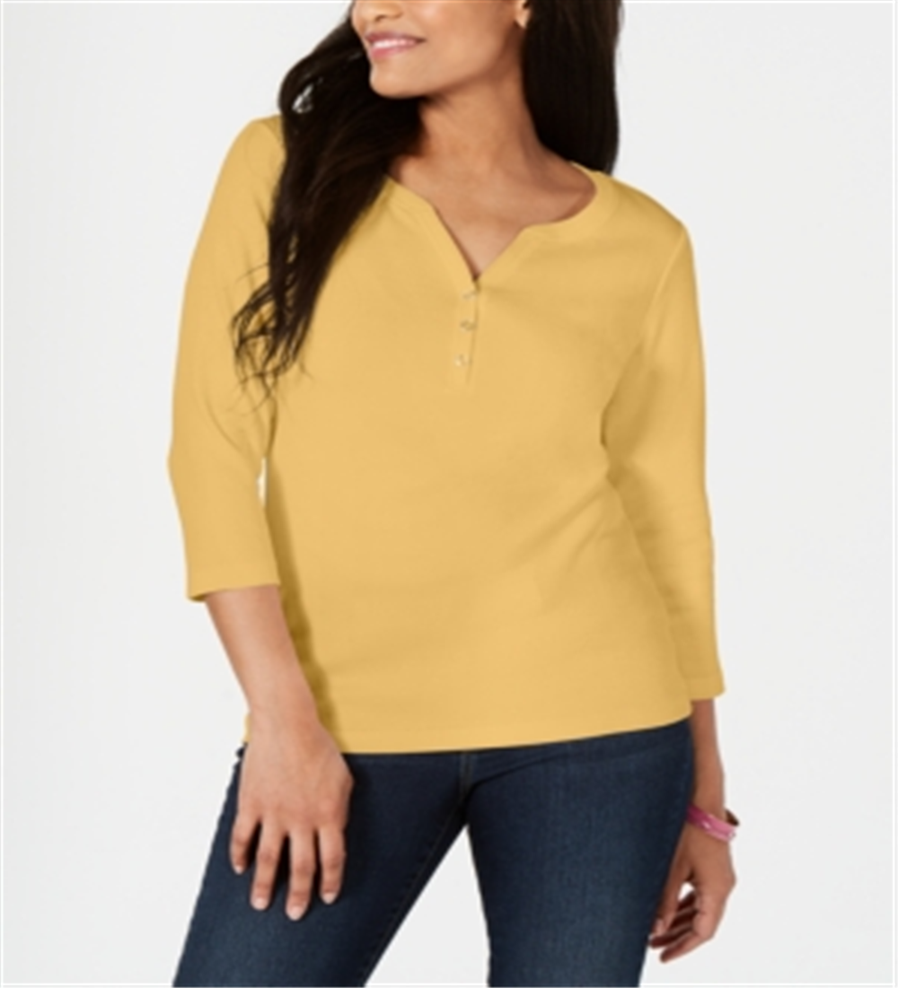 Camisa Henley de algodão feminina Karen Scott, marrom, tamanho pequeno, médio