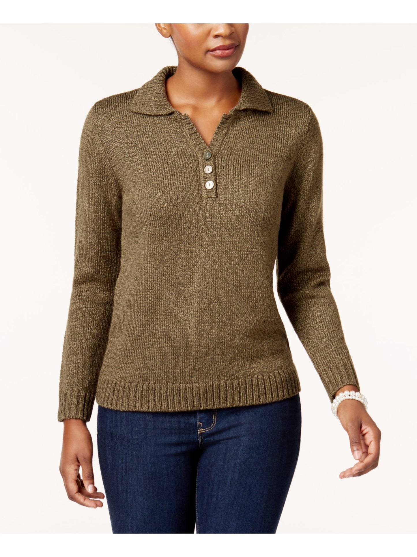 Karen Scott Suéter Feminino Heather Manga Longa Gola Verde Tamanho Pequeno Grande