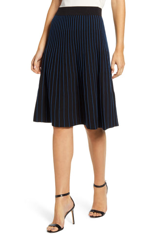 Anne Klein Saia plissada listrada abaixo do joelho feminina, preta, tamanho grande