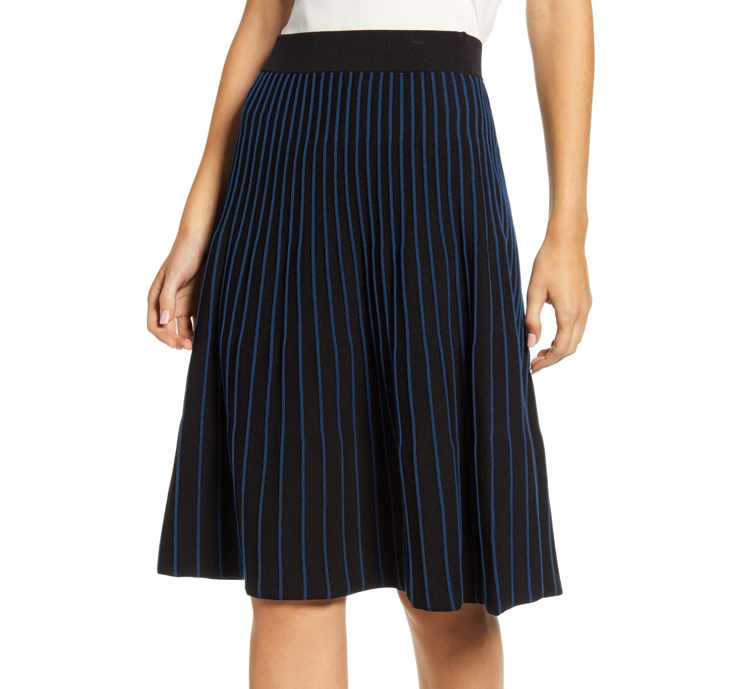 Anne Klein Saia plissada listrada abaixo do joelho feminina, preta, tamanho grande
