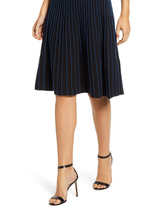 Anne Klein Saia plissada listrada abaixo do joelho feminina, preta, tamanho grande
