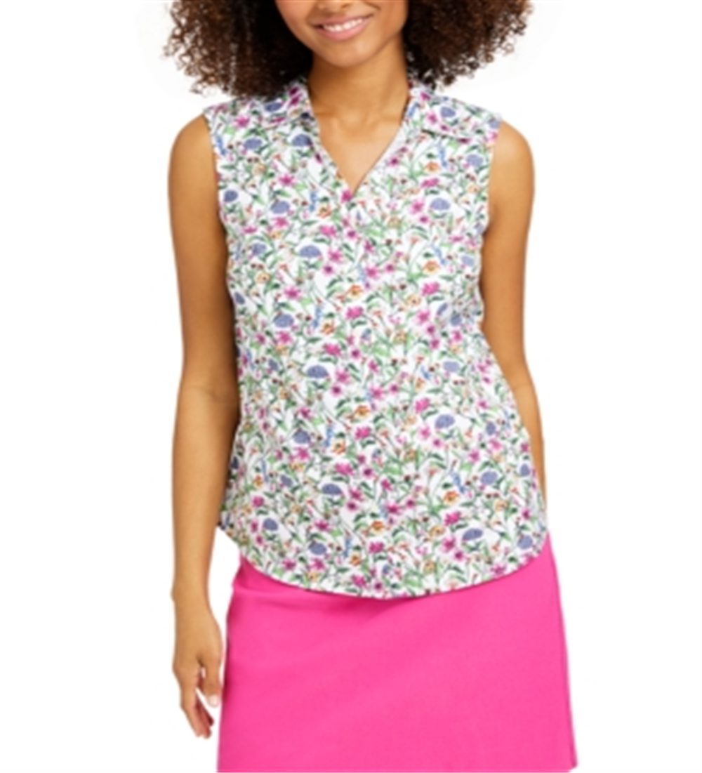 Camisa feminina sem mangas com estampa floral Charter Club, branca, tamanho 14