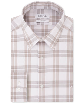 Camisa social masculina Calvin Klein com estampa de logotipo, corte slim, gola elástica, bege, tamanho 32-33