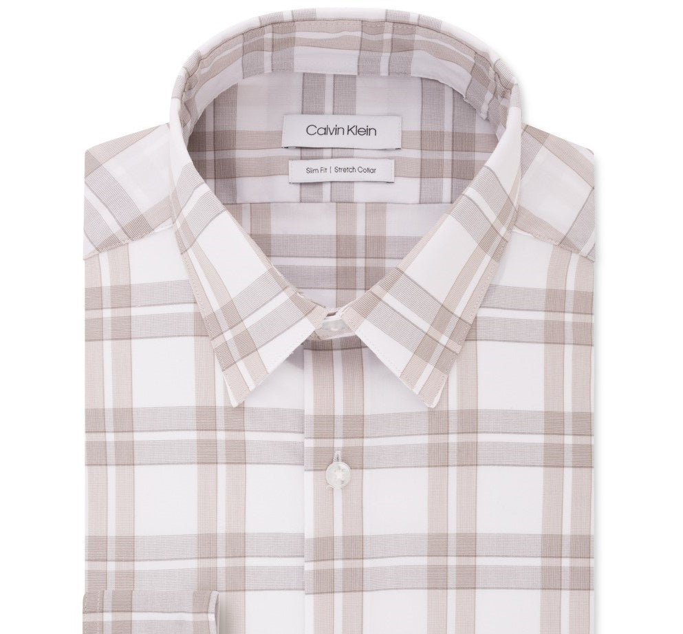 Camisa social masculina Calvin Klein com estampa de logotipo, corte slim, gola elástica, bege, tamanho 32-33