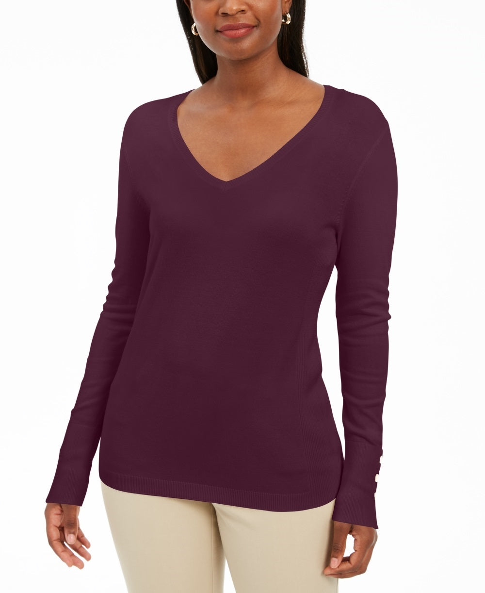 Suéter feminino JM Collection com mangas enfeitadas e decote em V, roxo escuro, tamanho grande