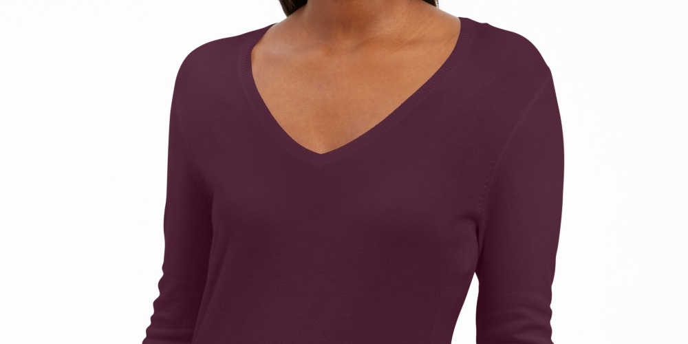 Suéter feminino JM Collection com mangas enfeitadas e decote em V, roxo escuro, tamanho grande