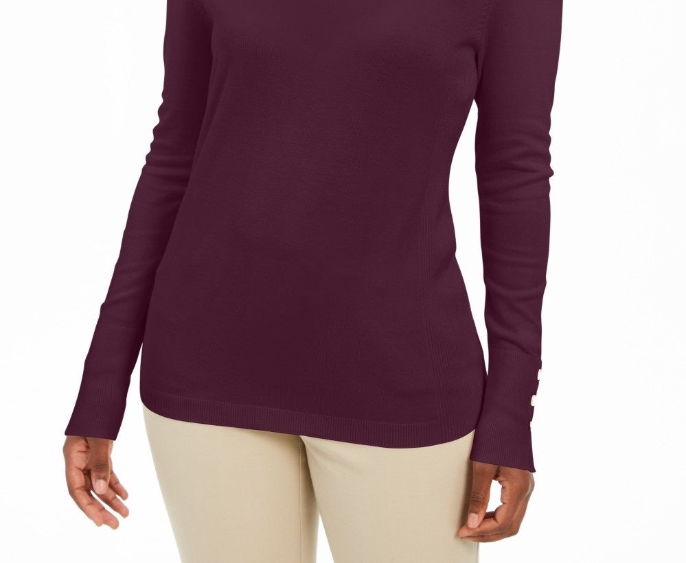 Suéter feminino JM Collection com mangas enfeitadas e decote em V, roxo escuro, tamanho grande