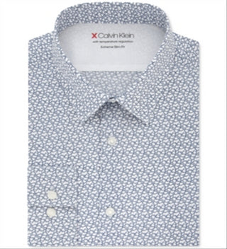 Camisa social masculina Calvin Klein com ajuste extra fino e estampa elástica com regulagem de temperatura, azul-marinho e branco, tamanho GG